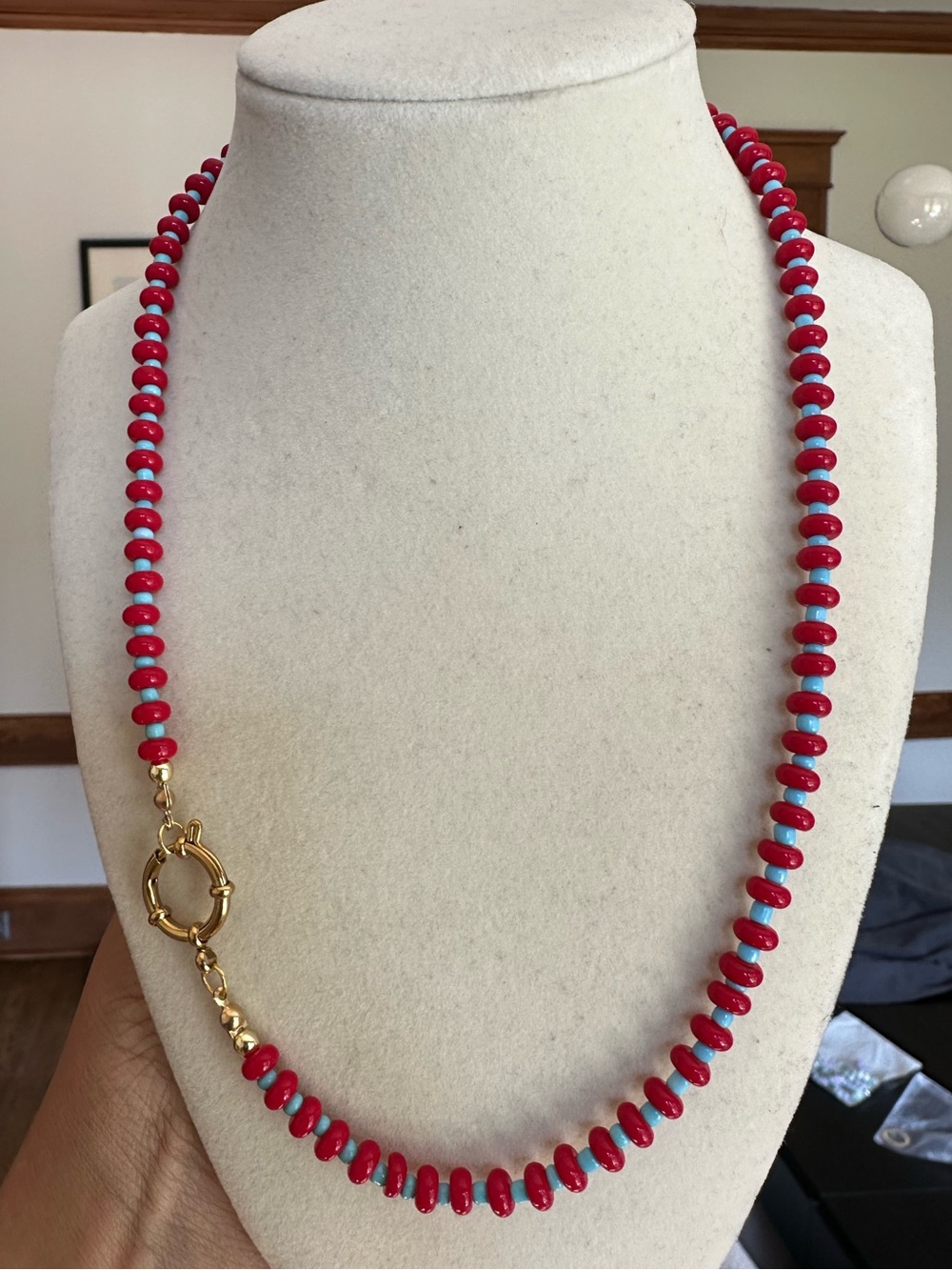 Coral Red & Turquoise Blue Beaded Necklace | Gold Sailor Clasp | Charm-Ready